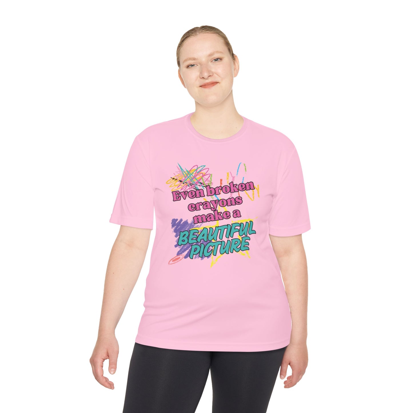 Inspirational Unisex Moisture Wicking Tee - "Even Broken Crayons Make a Beautiful Picture"