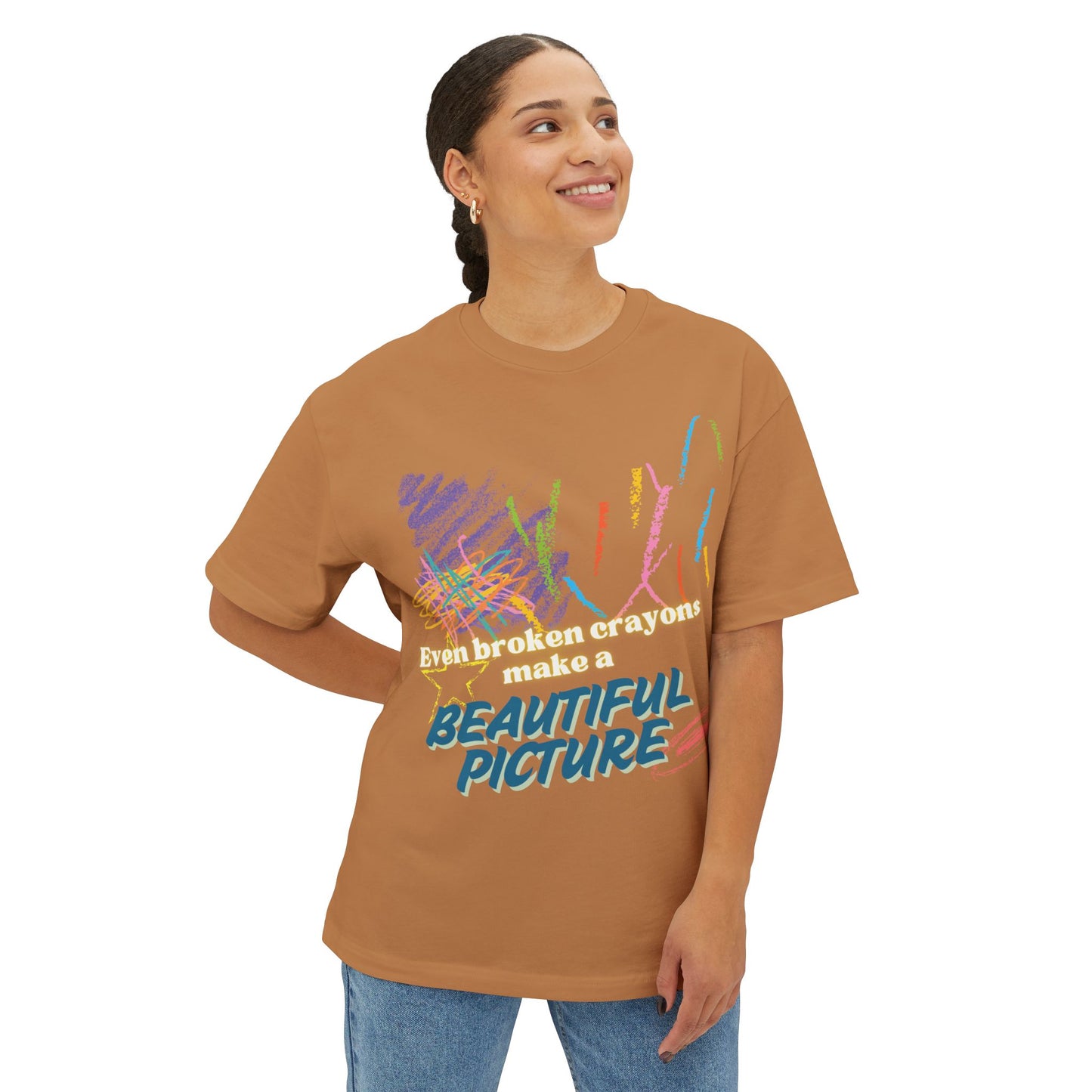 Inspirational Unisex Oversized Boxy Tee - "Even Broken Crayons Make a Beautiful Picture"