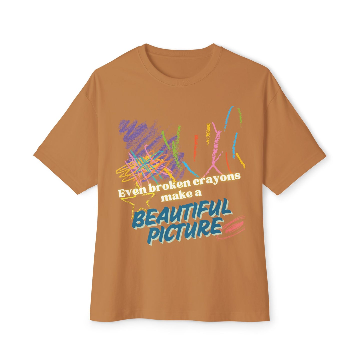 Inspirational Unisex Oversized Boxy Tee - "Even Broken Crayons Make a Beautiful Picture"