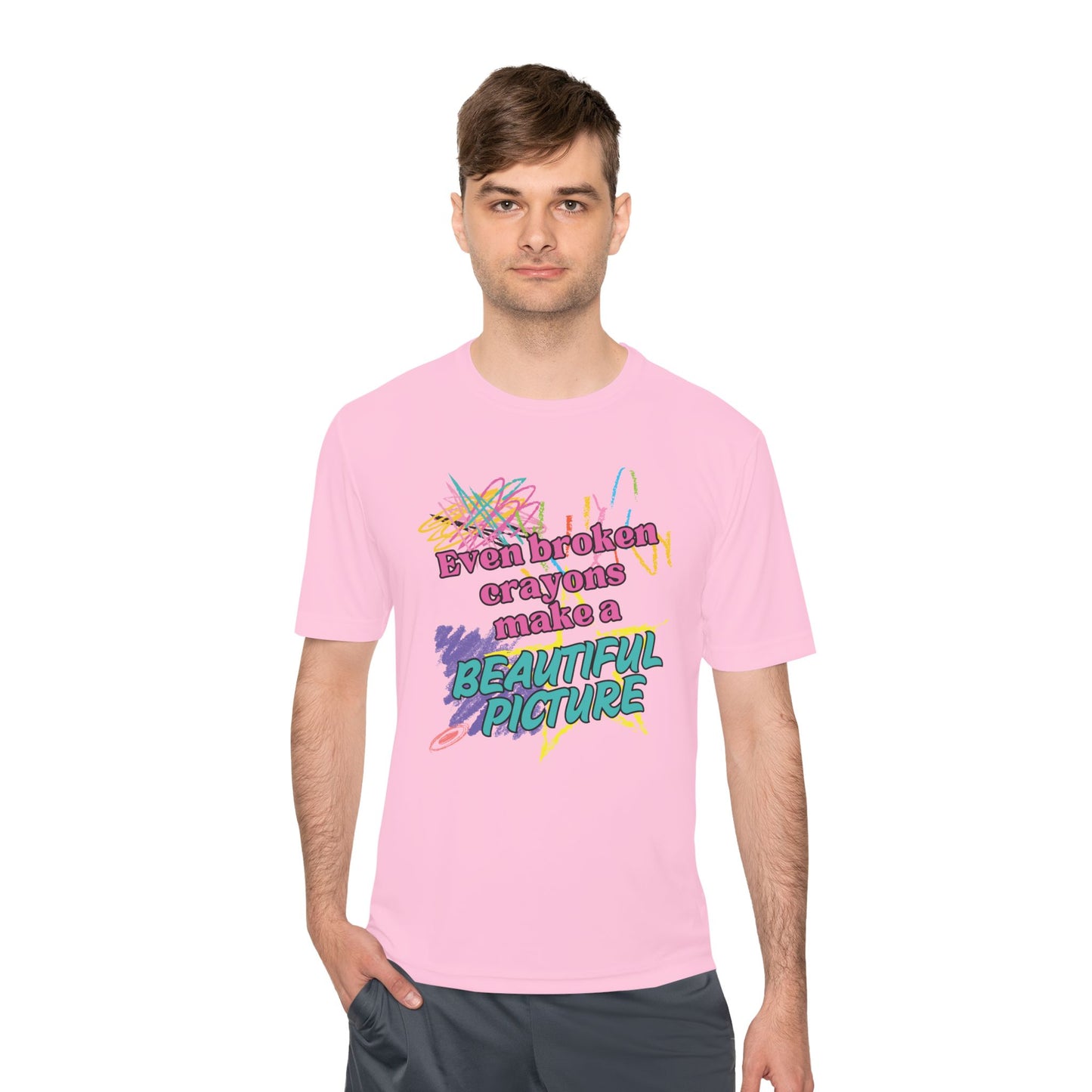 Inspirational Unisex Moisture Wicking Tee - "Even Broken Crayons Make a Beautiful Picture"