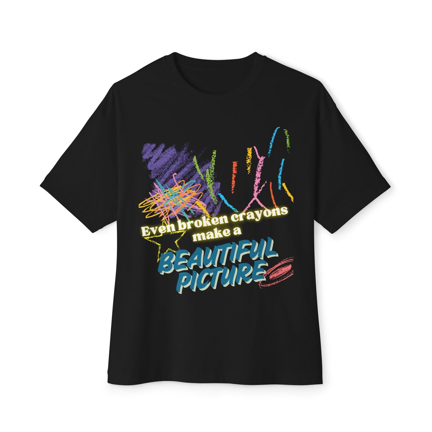 Inspirational Unisex Oversized Boxy Tee - "Even Broken Crayons Make a Beautiful Picture"