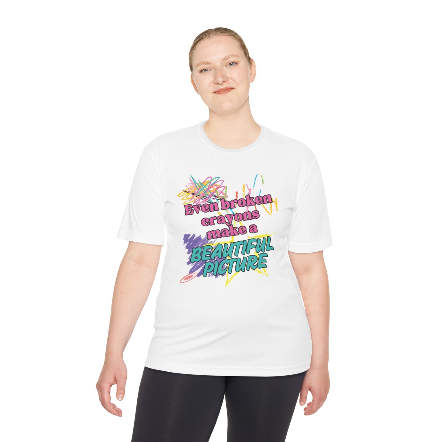 Inspirational Unisex Moisture Wicking Tee - "Even Broken Crayons Make a Beautiful Picture"