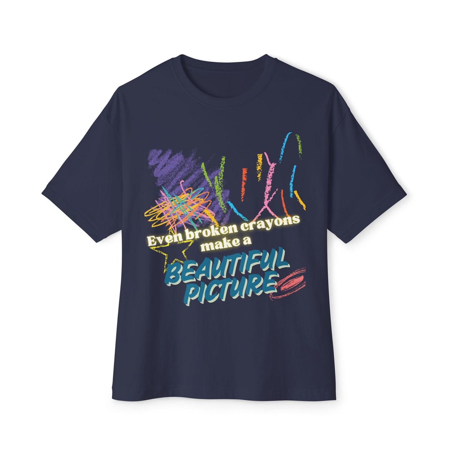 Inspirational Unisex Oversized Boxy Tee - "Even Broken Crayons Make a Beautiful Picture"