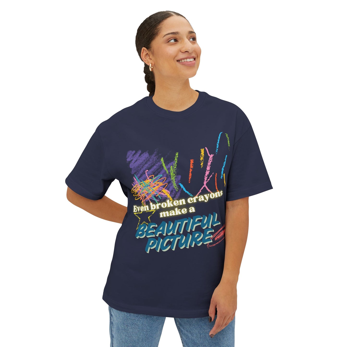 Inspirational Unisex Oversized Boxy Tee - "Even Broken Crayons Make a Beautiful Picture"