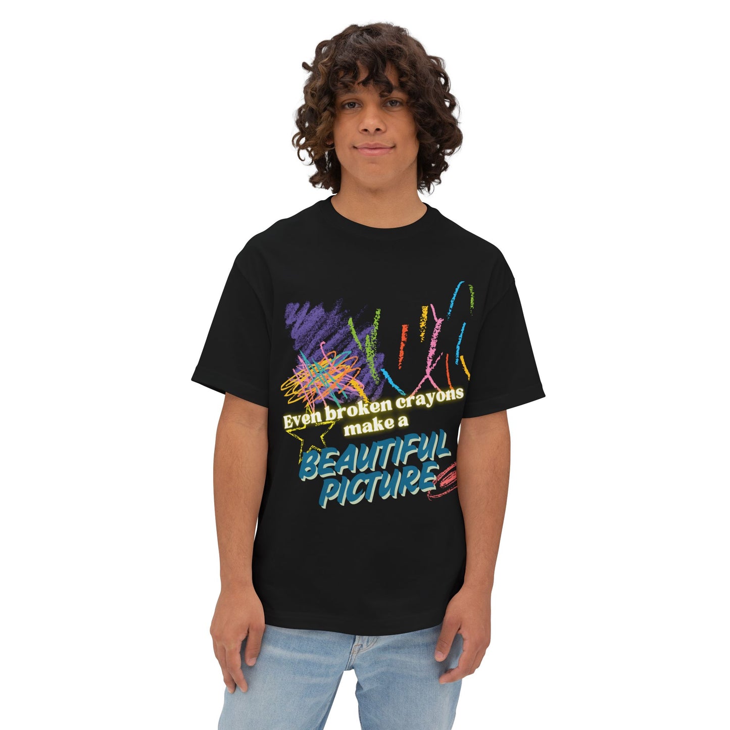 Inspirational Unisex Oversized Boxy Tee - "Even Broken Crayons Make a Beautiful Picture"