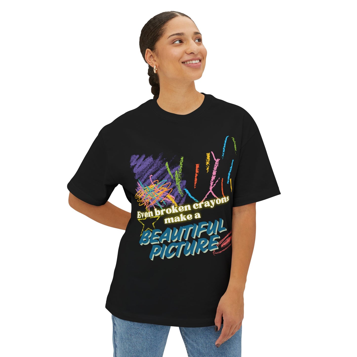 Inspirational Unisex Oversized Boxy Tee - "Even Broken Crayons Make a Beautiful Picture"