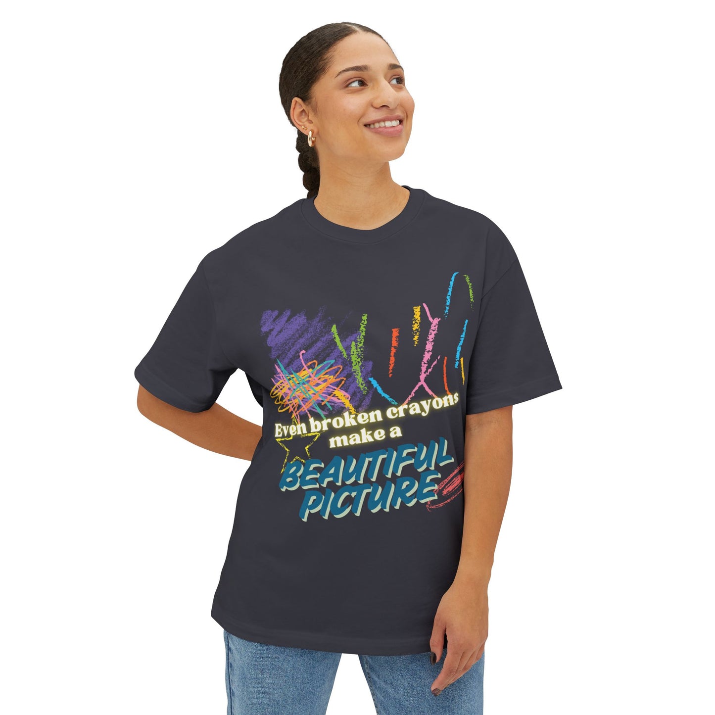 Inspirational Unisex Oversized Boxy Tee - "Even Broken Crayons Make a Beautiful Picture"