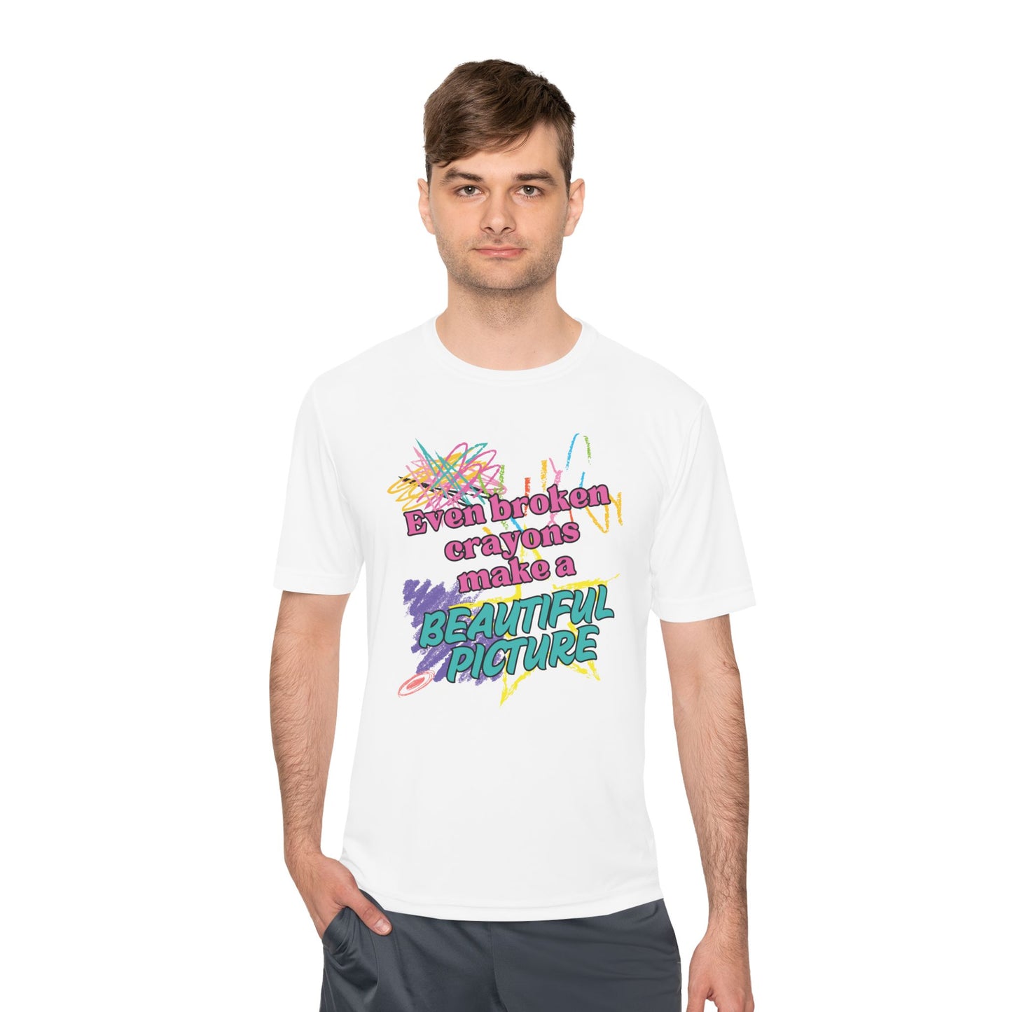 Inspirational Unisex Moisture Wicking Tee - "Even Broken Crayons Make a Beautiful Picture"