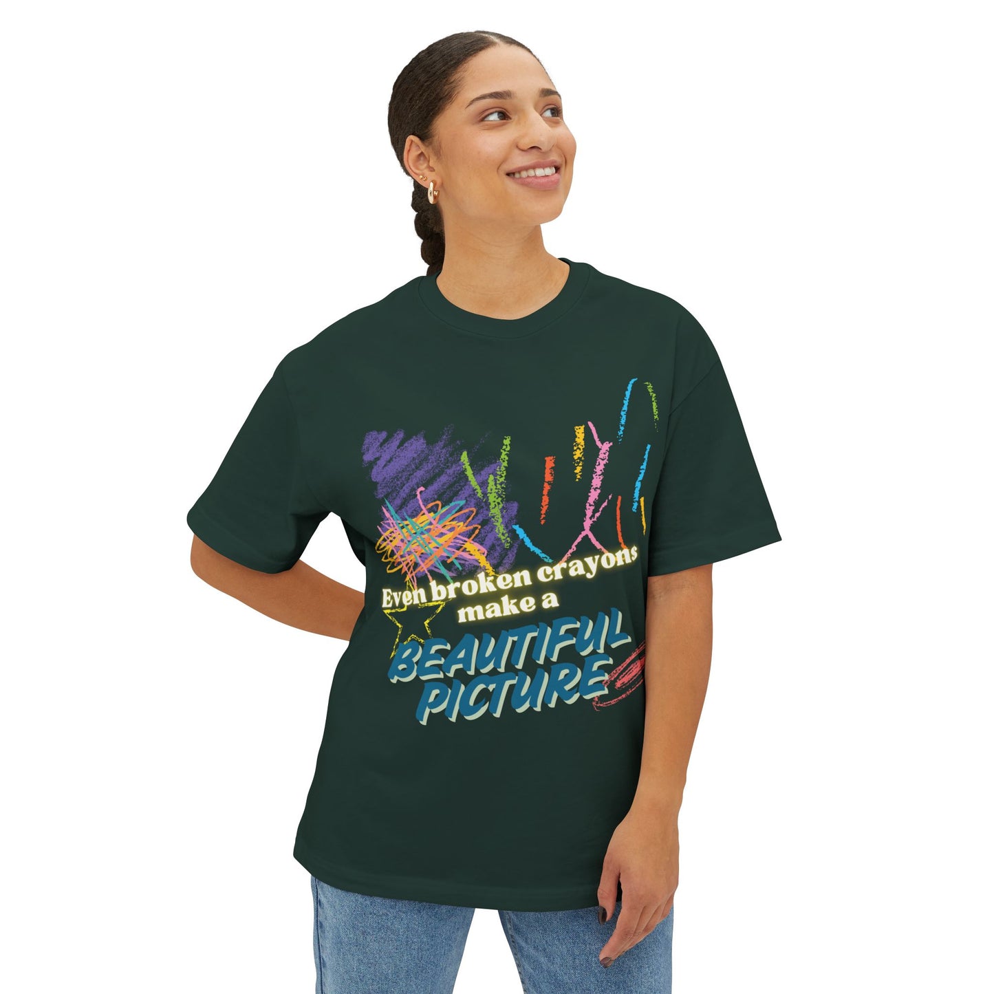 Inspirational Unisex Oversized Boxy Tee - "Even Broken Crayons Make a Beautiful Picture"