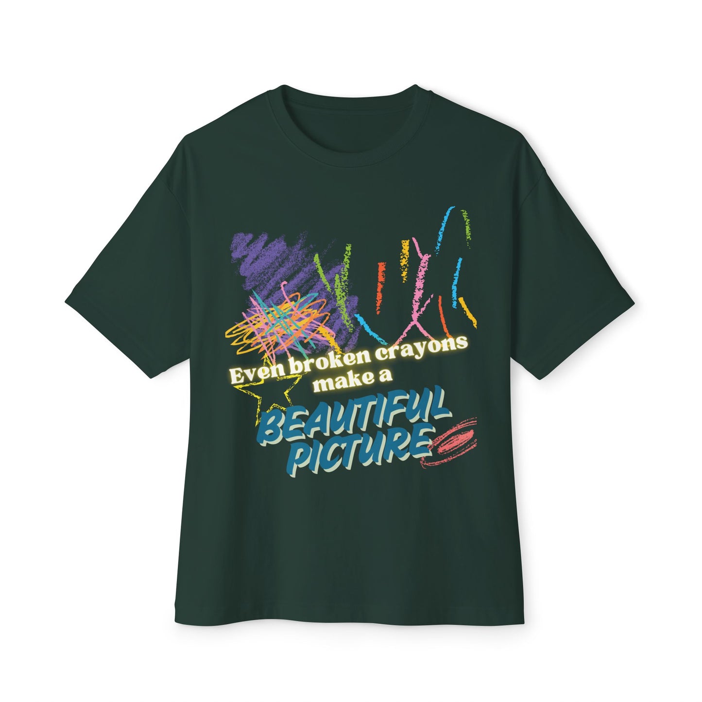 Inspirational Unisex Oversized Boxy Tee - "Even Broken Crayons Make a Beautiful Picture"
