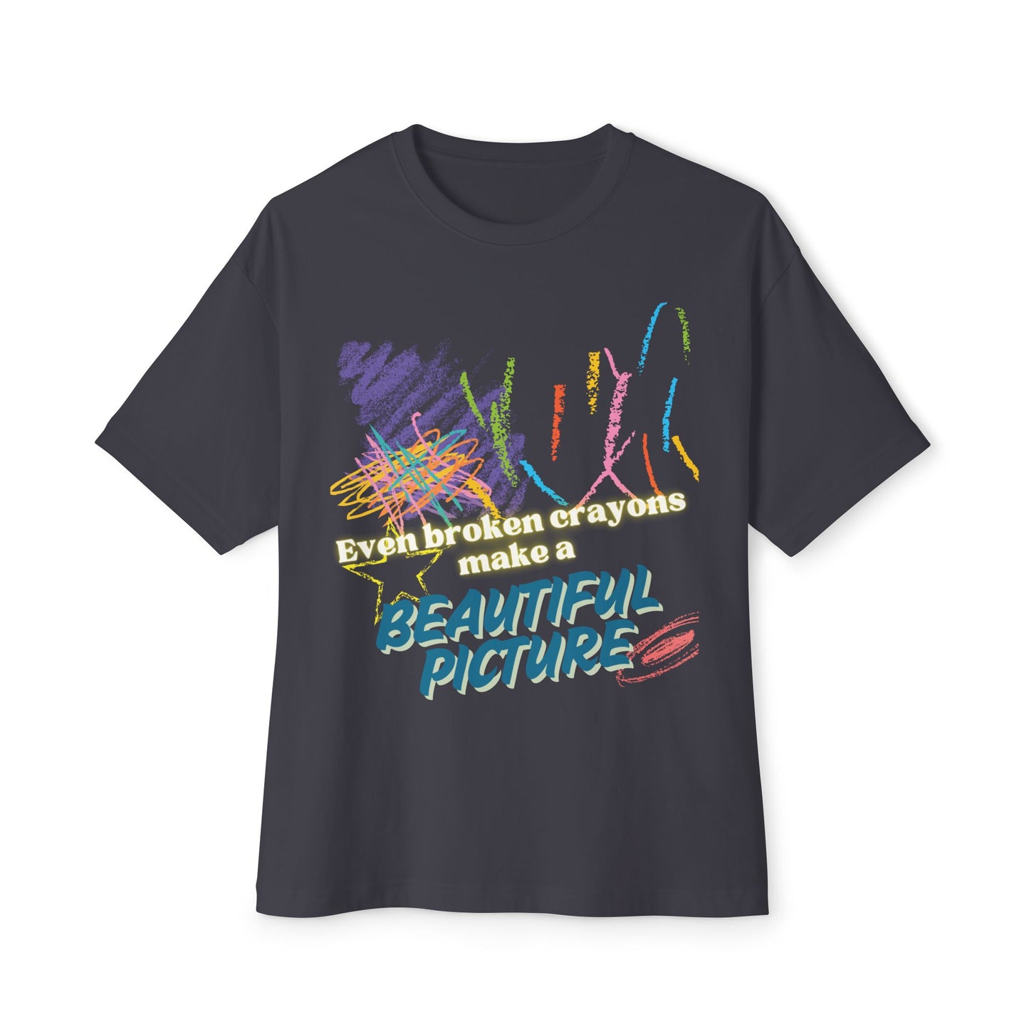 Inspirational Unisex Oversized Boxy Tee - "Even Broken Crayons Make a Beautiful Picture"