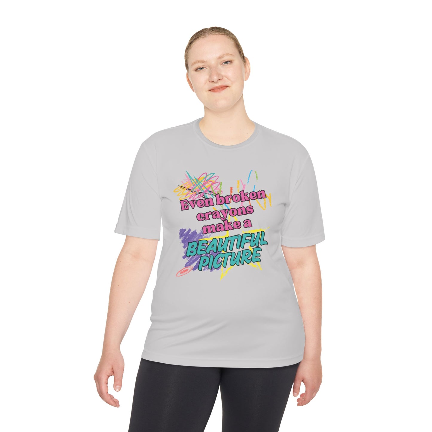 Inspirational Unisex Moisture Wicking Tee - "Even Broken Crayons Make a Beautiful Picture"