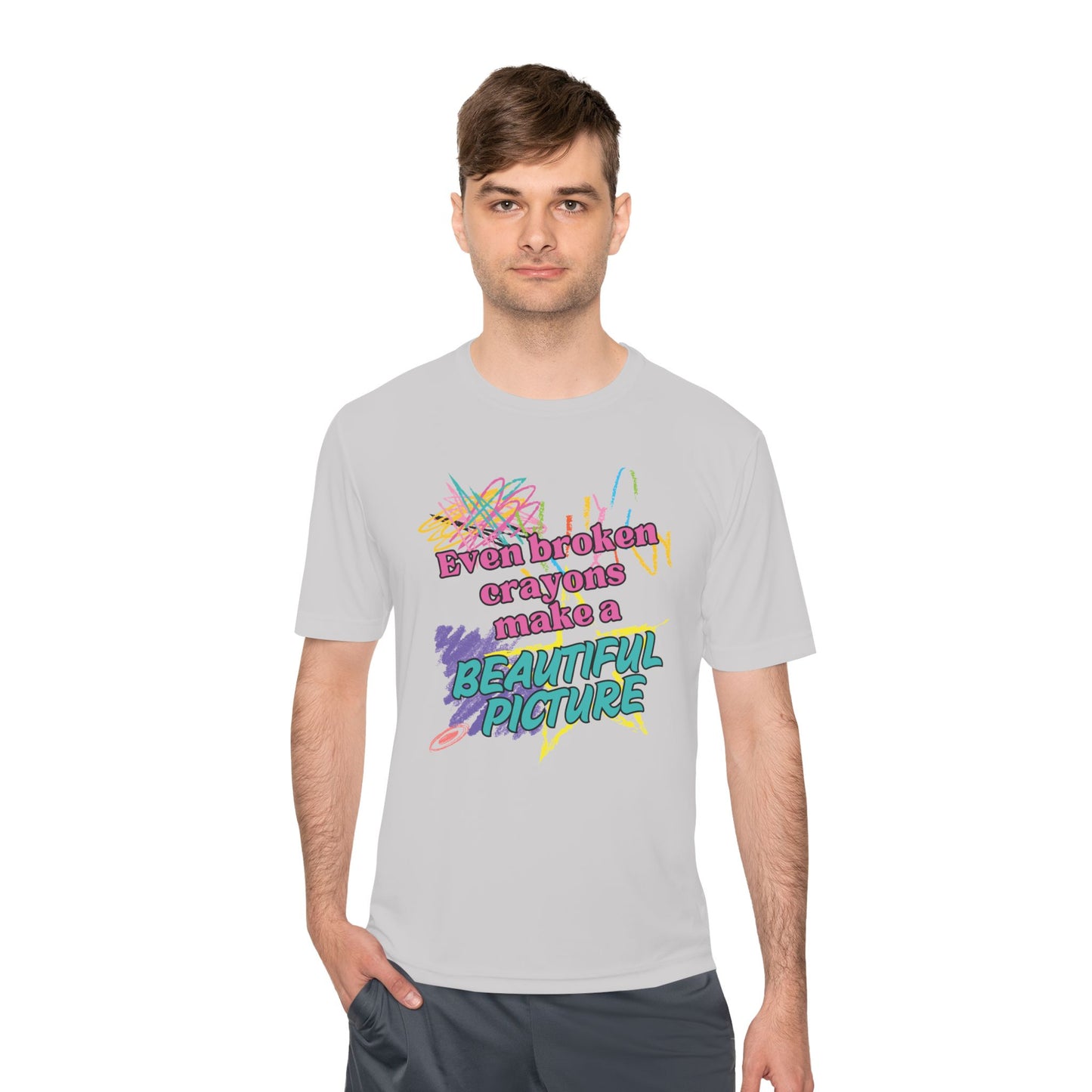 Inspirational Unisex Moisture Wicking Tee - "Even Broken Crayons Make a Beautiful Picture"
