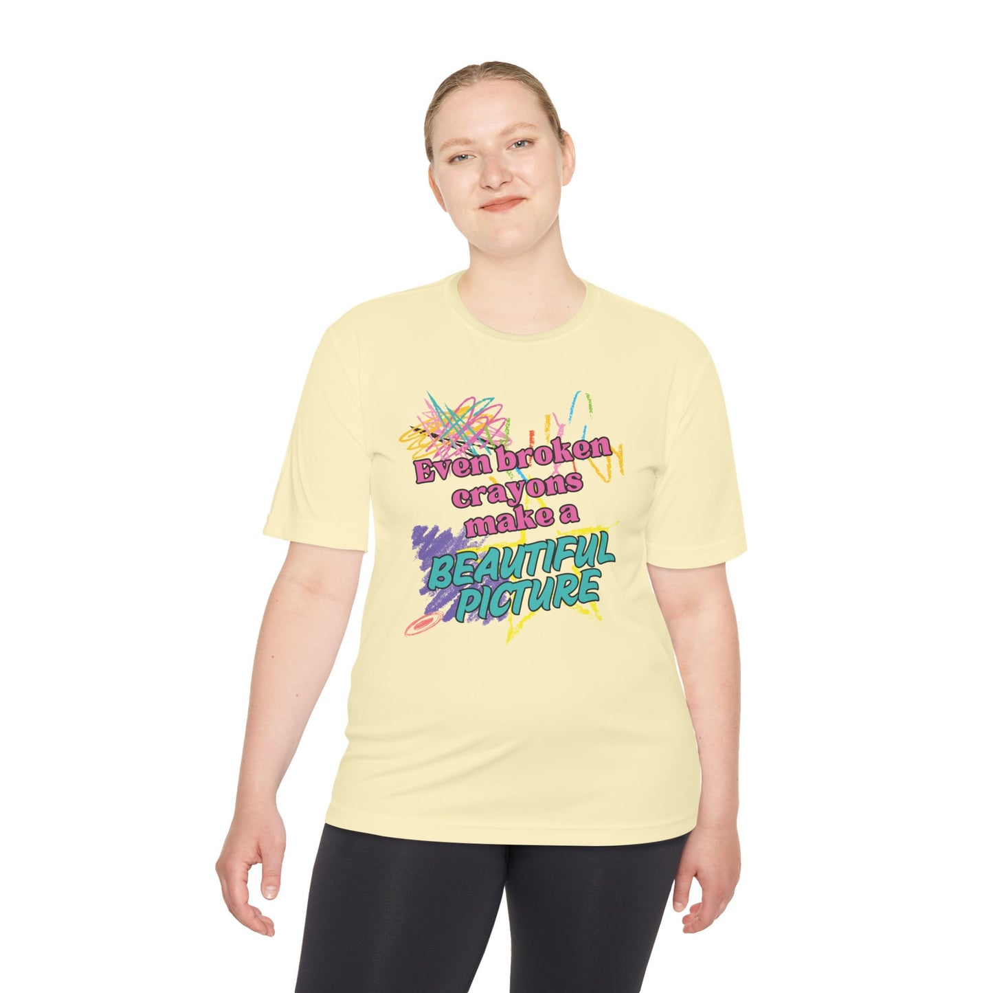 Inspirational Unisex Moisture Wicking Tee - "Even Broken Crayons Make a Beautiful Picture"